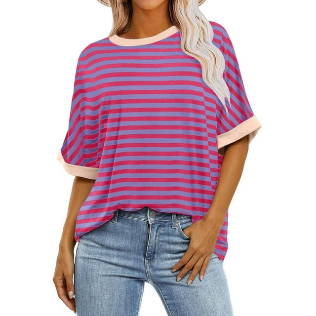 Pisexur Hauts d'Été pour Femmes Mode Décontractée Blouses à Imprimé Rayé Amples Confortables T-Shirts à Col Rond Basiques Polyvalents à Manches Courtes Hauts de Sortie T-Shirts Chemises