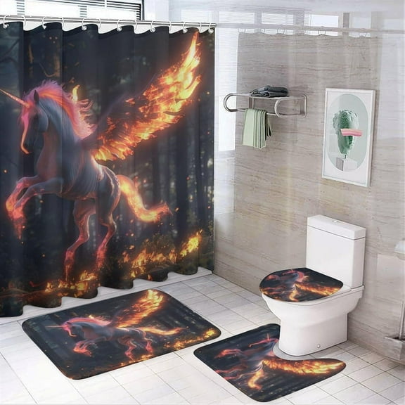 4Pcs Misty Forest Horse Shower Curtain Set with Toilet Lid Cover Non-Slip Rugs for Bathroom, Fantasy Animal Tree Wildlife Shower Curtain Bathroom Sets with Hooks, 72x72 Inch