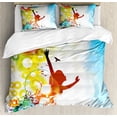 thumbnail image 1 of Youth Queen Size Duvet Cover Set, Artistic and Abstract Composition with Happy Woman Silhouette Flying Birds Circles, Decorative 3 Piece Bedding Set with 2 Pillow Shams, Multicolor, by Ambesonne, 1 of 3