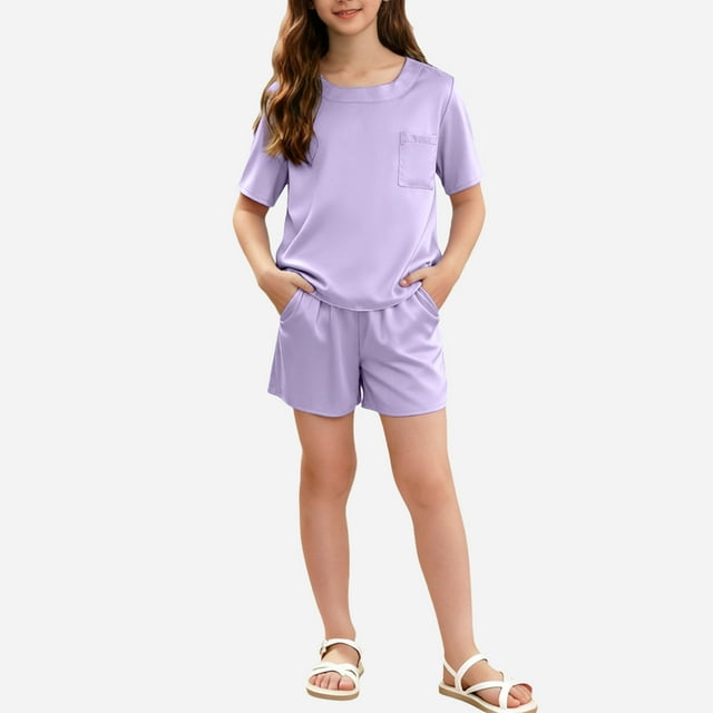 RKSTN Pyjama Fille Satin Col Rond Manches Courtes Haut de Pyjama avec Short Été Ensemble Deux Pièces (Violet, 13-14 Ans) Unisexe