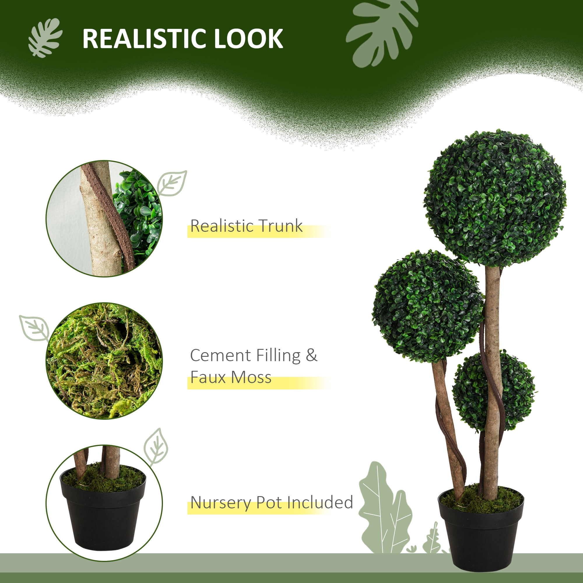 HOMCOM 35.5" Artificial Plant for Home Decor Indoor & Outdoor Fake Plant Artificial Tree in Pot, Ball Boxwood Topiary Tree, Dark Green