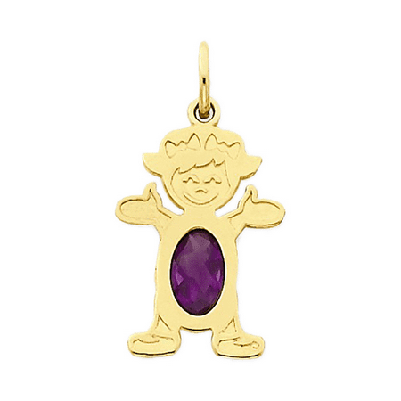 Little Girl Birthstone Charm - 14K Yellow Gold Amethyst Waving Little Girl Pendant Charm - 21MM