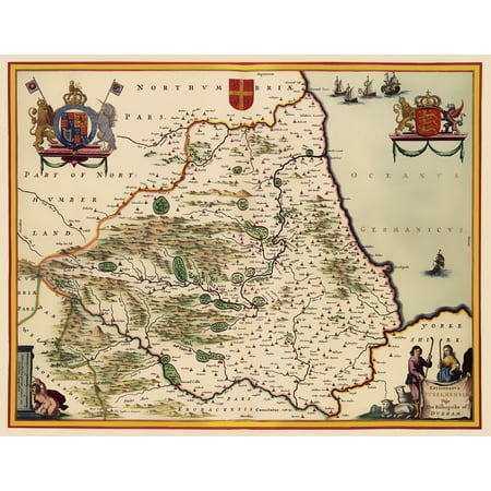 Historic Map - Durham County England - Blaeu 1645 - Vintage Wall Art