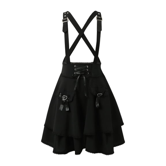 Women's Gothic High Waist Tie Dress Suspender Half Skirt A-Line Mini Tie Dress (Black L)