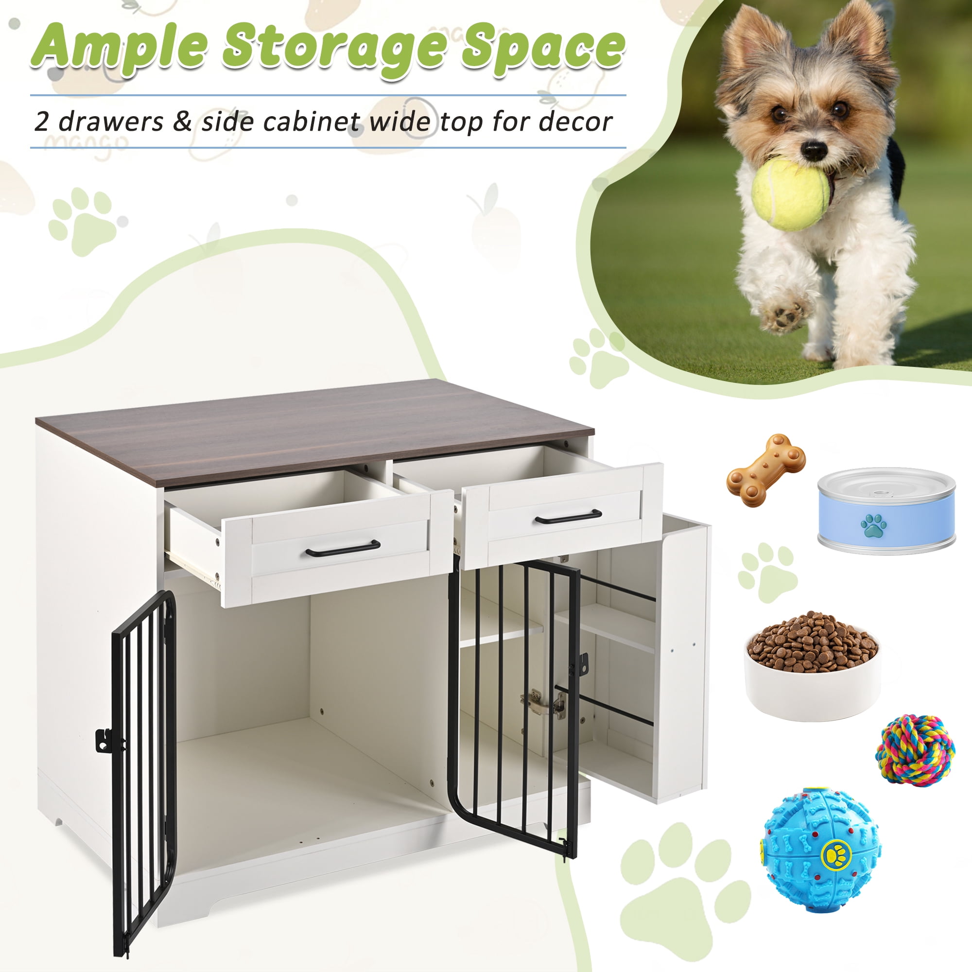 Euroco 2-in-1 Dog Crate Furniture with Storage Drawers and Cabinet, Chew-Resistant Indoor Dog Kennel with Double Locks, White & Brown Pet Crate Table