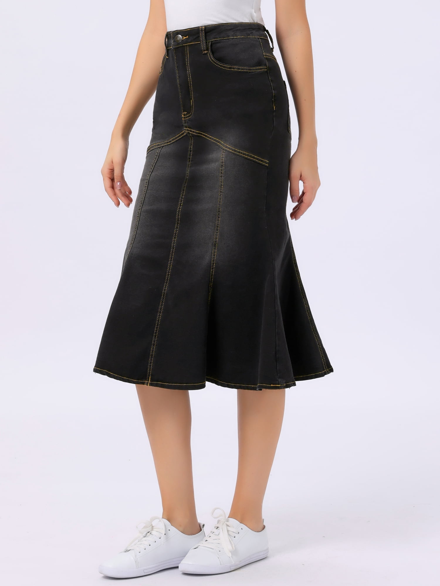 DARING DIVA Fishtail Denim Skirt Women's Washed Midi Jean Bodycon Skirt M Black