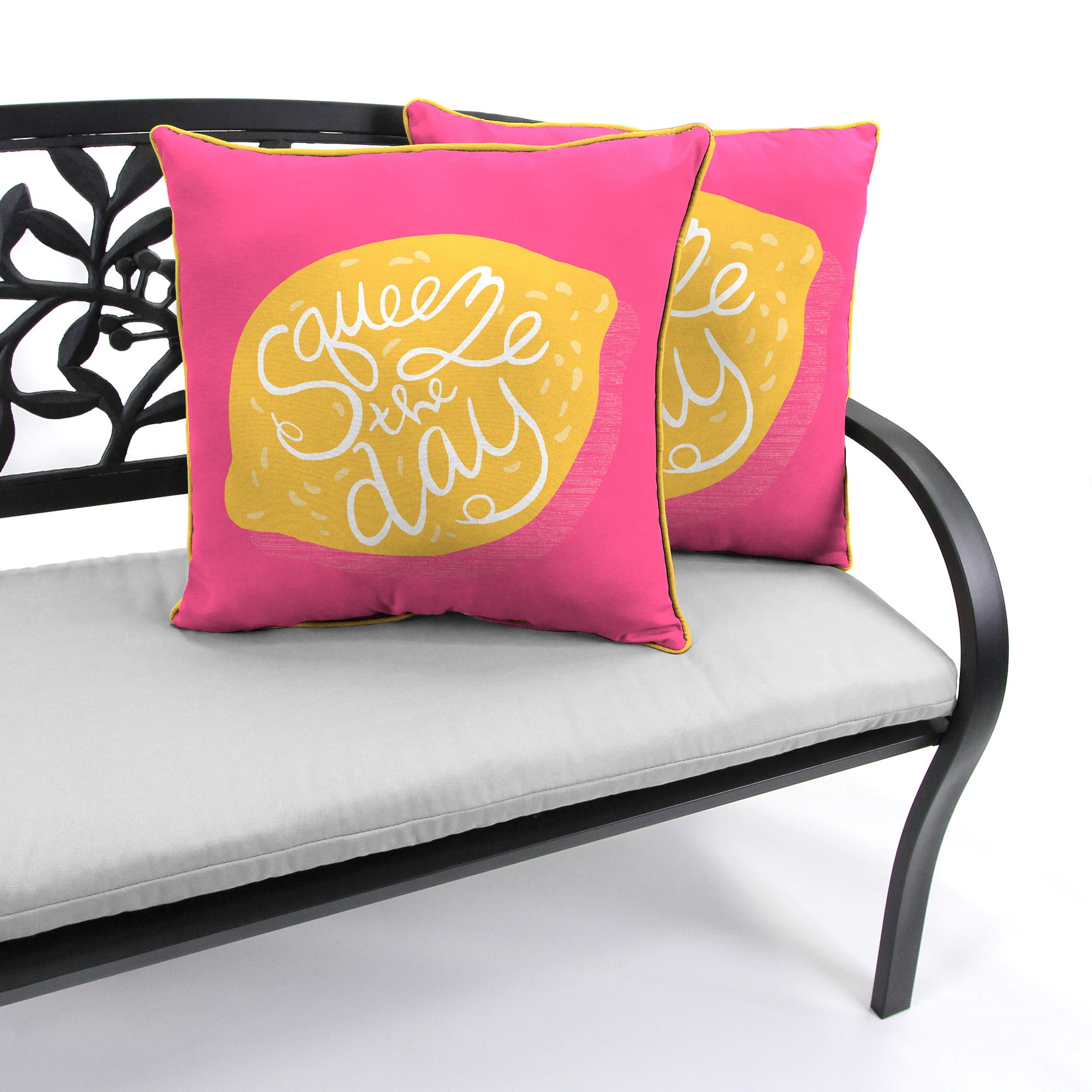 Jordan Manufacturing 16" x 16" Squeeze the Day Coral Novelty Square Outdoor Throw Pillow with Welt