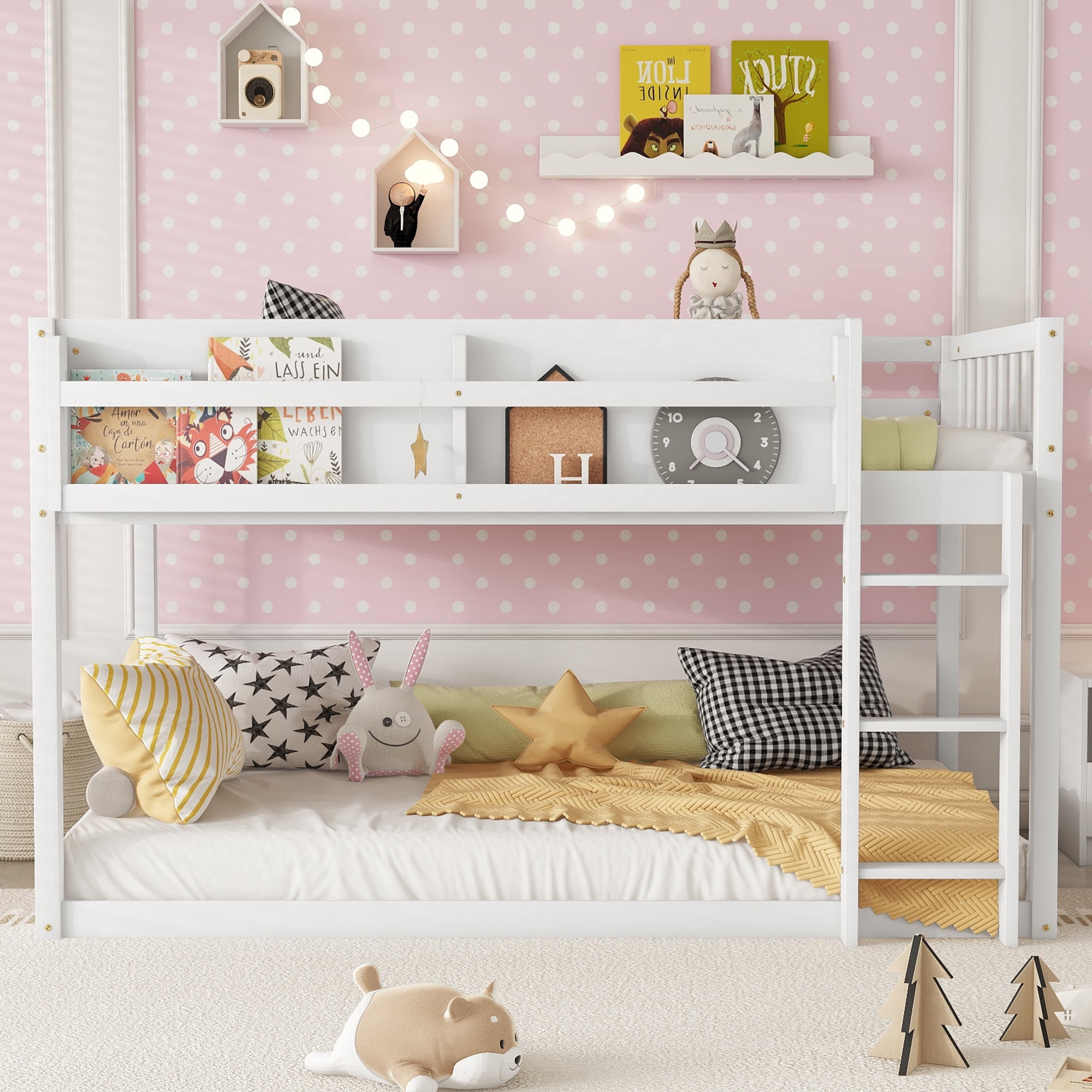Low Bunk Bed, Twin Over Twin Low Bunk Bed - Solid Wood Frame with Ladder and Guardrail, Converts to Loft Bed or Floor Bed, Space Saving for Small Rooms, Easy Assembly, White