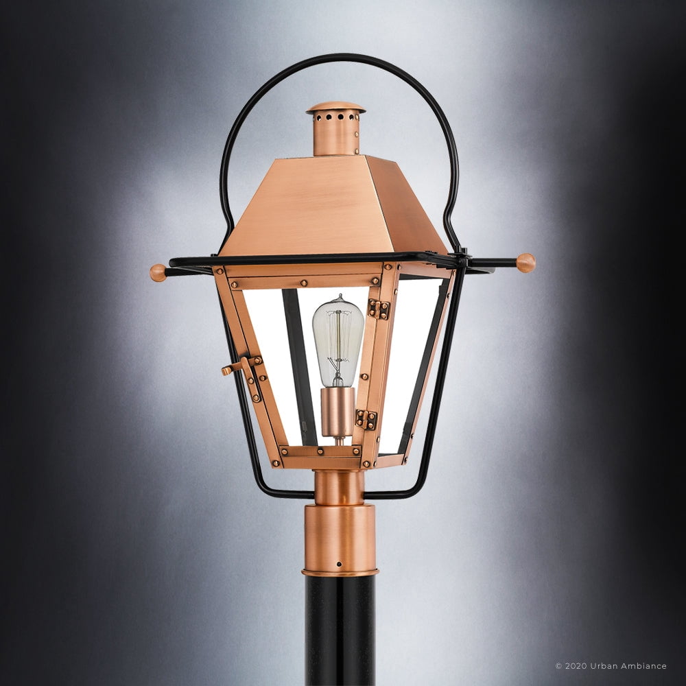 Luxury Historic Outdoor Post Light, 22.75''H x 17.75''W, with Tudor Style Elements, French Country Design, Rustic Copper Finish and Clear Tempered Glass Panels, UQL1380