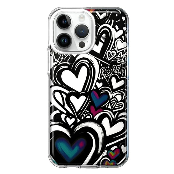 MUNDAZE Case for Apple iPhone 15 Pro Max Slim Hard Shell Soft TPU Hybrid Shockproof Heavy Duty Protective Phone Cover - Black White Hearts Love Graffiti