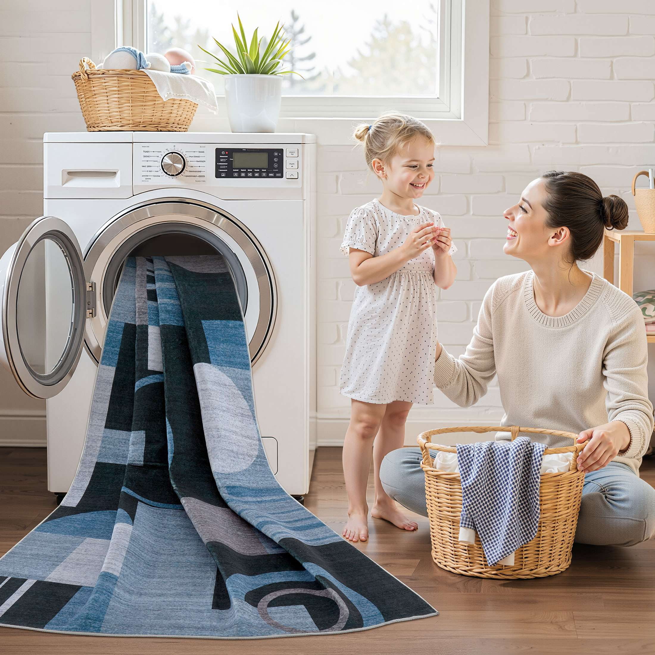 MICGEEK 5x7 Washable Area Rugs for Living Room, Modern Geometric Printed Rug, Vacuum-Friendly, Non Slip Indoor Rug for Bedroom Dining Room Home Decor Carpet, Charcoal Blue