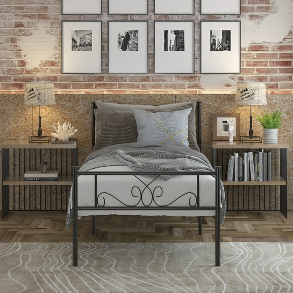Yoneston Twin Metal Platform Bed Frame Bedroom Mattress Foundation with Headboard for Kids Teens, Black