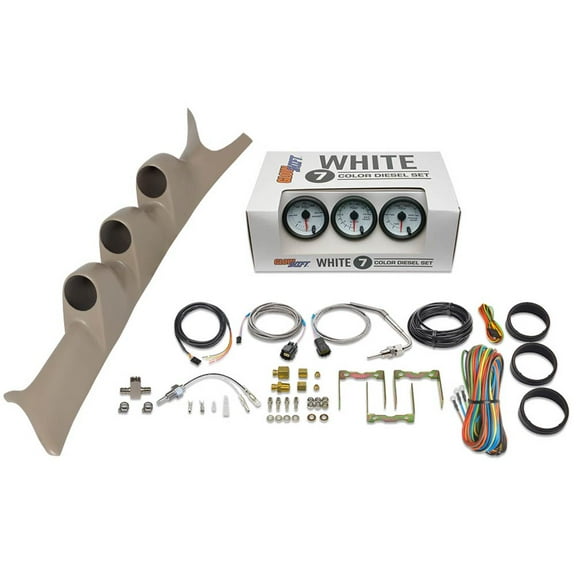 GlowShift | 1999-2007 Ford Super Duty 6.0 Powerstroke & 7.3 Powerstroke Tan Triple Pillar Pod with White 7 Color Series 60 PSI Boost Gauge, 1500 Pyrometer EGT Gauge & Trans Temp Gauge