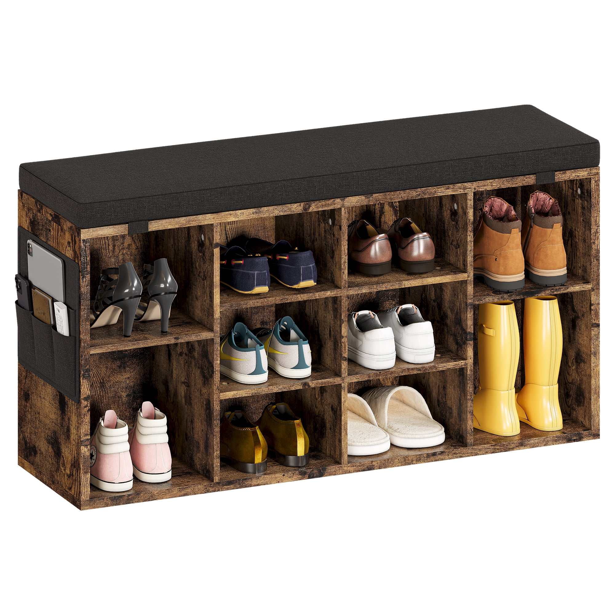 Accreate 41 Inch Shoe Storage Bench with Cushion and Side Pocket – 10 Cubbies Shoe Rack with Adjustable Shelves, Retro color