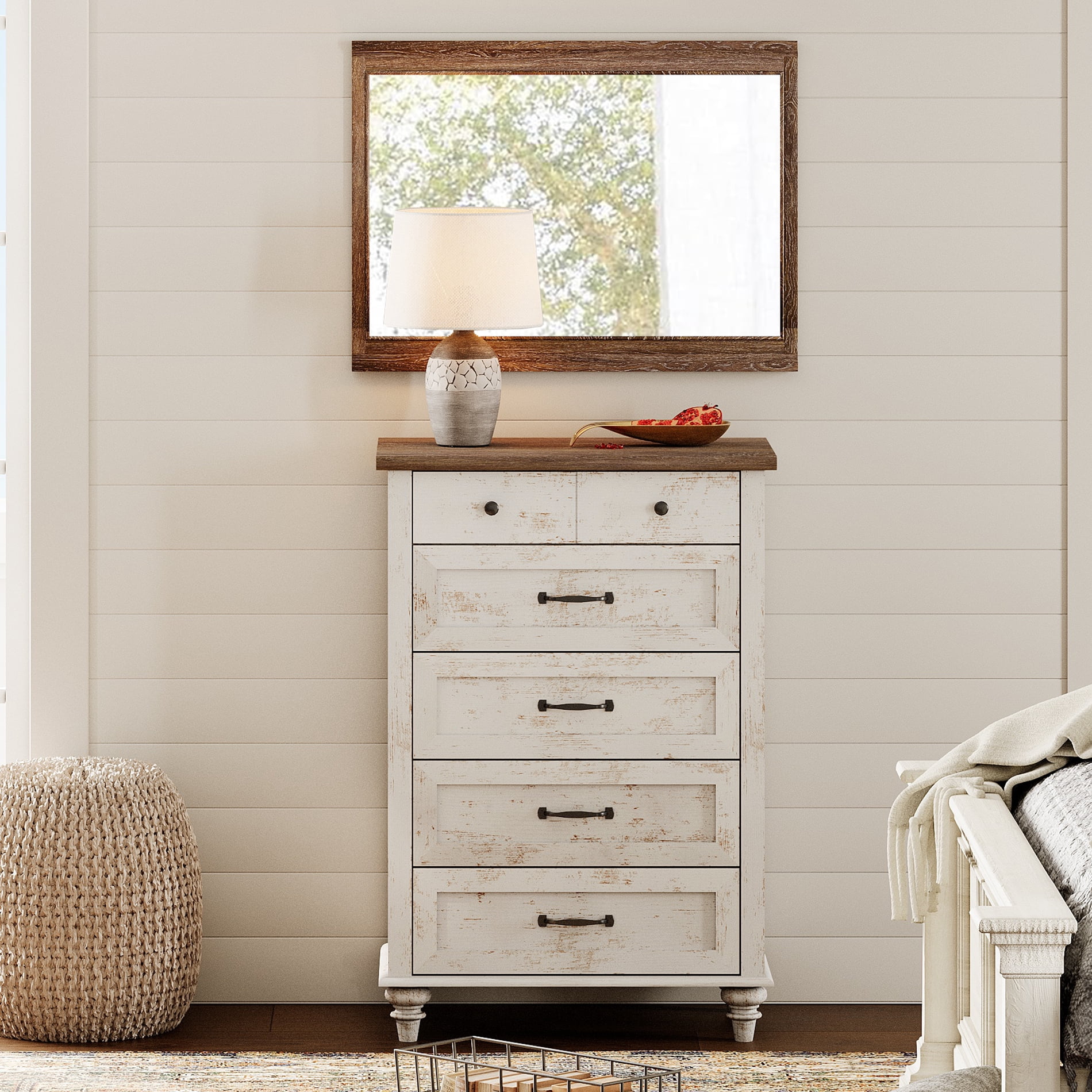 5-Drawer Farmhouse Dresser, Antique White Chest of Drawers for Bedroom & Living Room