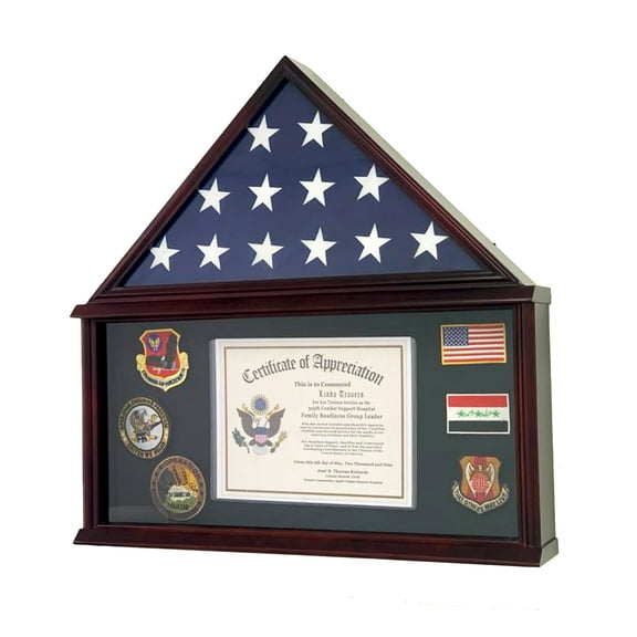DECOMIL - Large Military Shadow Box Frame Memorial Burial Funeral Flag Display Case for 5' X 9.5' Flag, Solid Wood (Cherry)