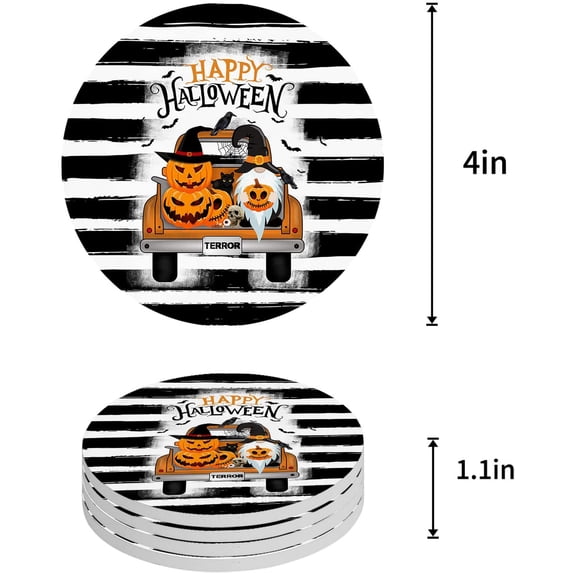 FMSHPON Happy Halloween Truck with Gnome Pumpkin Stripe Texture Set of 8 Round Coaster for Drinks, Absorbent Ceramic Stone Coasters Cup Mat with Cork Base for Home Kitchen Room Coffee Table Bar Decor