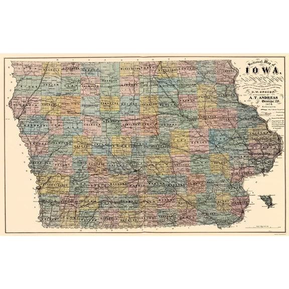 Historic State Map - Iowa - Andreas 1875 - Vintage Wall Art