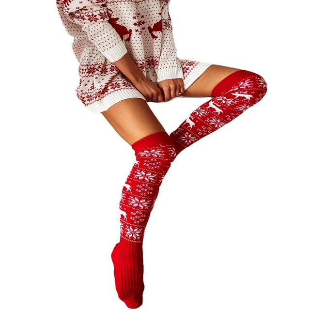 Bas Cuisse de Noël pour Femmes, Bas Tricotés à Motif Flocon de Neige