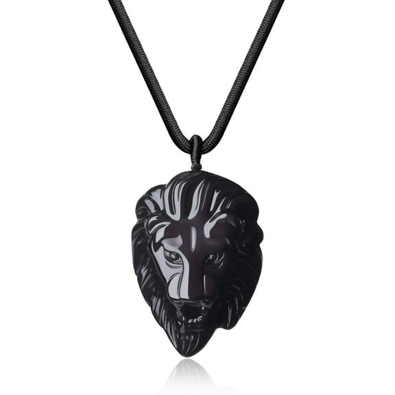 COAI Mens Black Obsidian Lion Head Stone Pendant Necklace