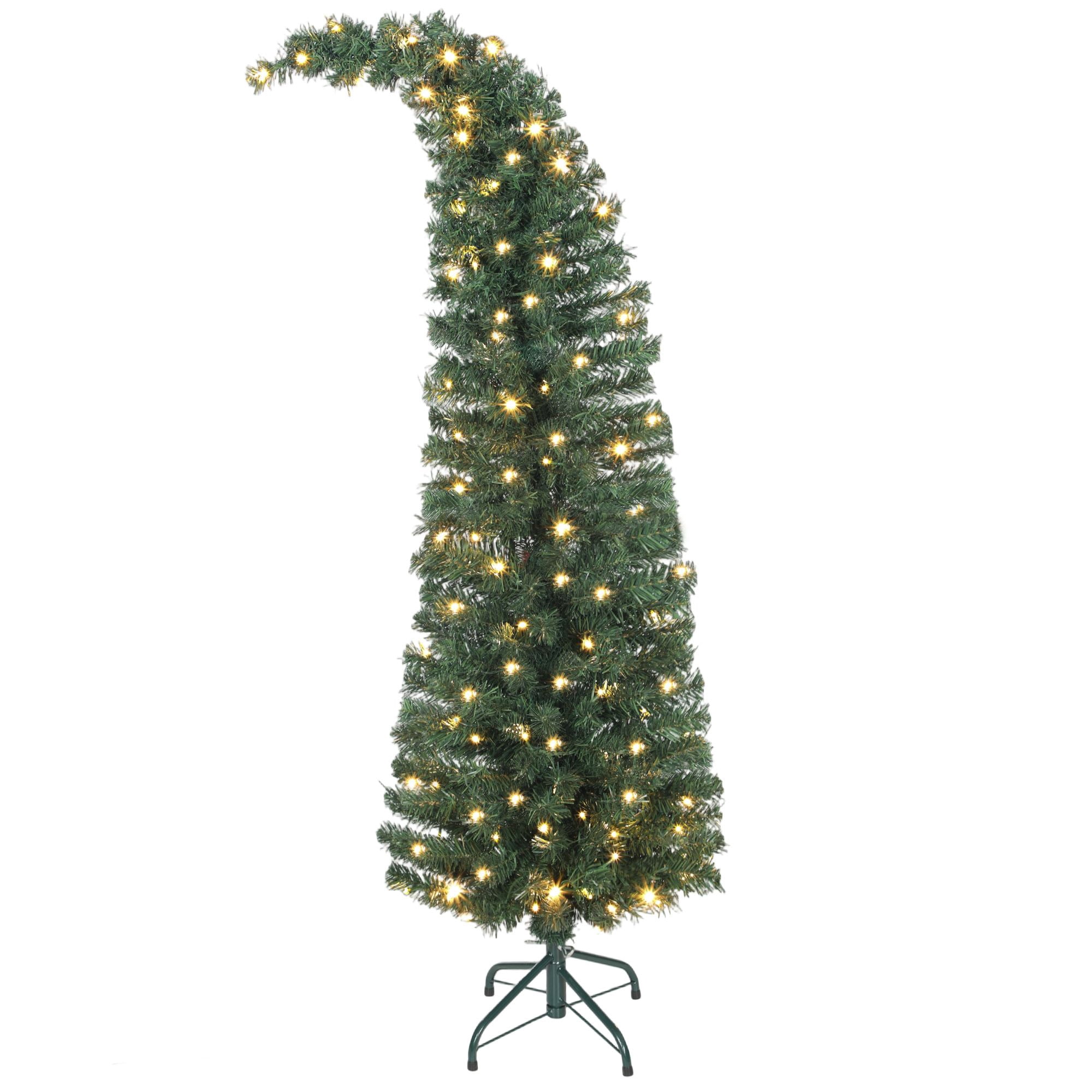 Slim Prelit Christmas Tree with Bent Top, 5 ft Artificial High Mountain Fir with 100 Warm White LED Lights and Metal Stand, 246 Tips for Small Spaces and Corners