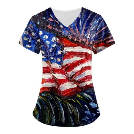 

Short Sleeve Scrubs Top for Women 4th of July Pockets T Shirt Casual V Neck Nursing Scrubs Holiday Working Uniform Navy 4XL
