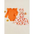 thumbnail image 2 of Suealasg 3Pcs Newborn Baby Girls Halloween Outfits Clothes Set 3 6 9 12 18 Months Infant Girls Crew Neck Long Sleeve Romper Pumpkin Print Suspender Skirt Headband Set, 2 of 7
