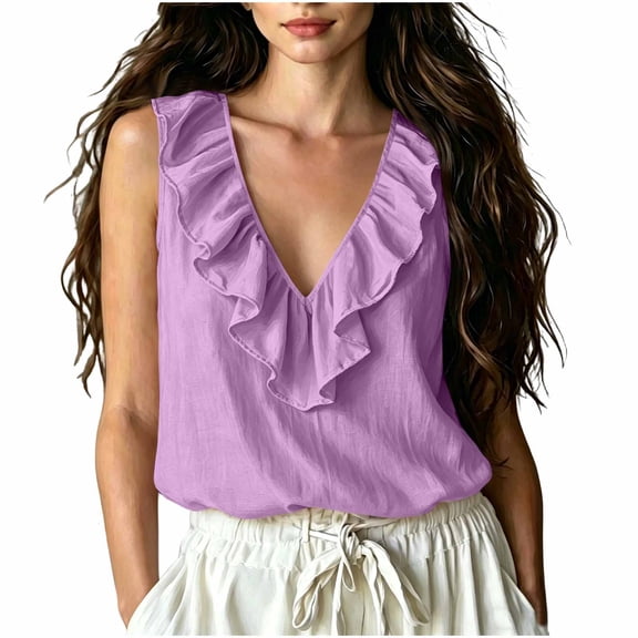 Admvng Women's Tank Top Cotton Deep V Neck uffle Trim Sleeveless Crinkle Textured Lightweight Casual Summer Camisole Blouse
