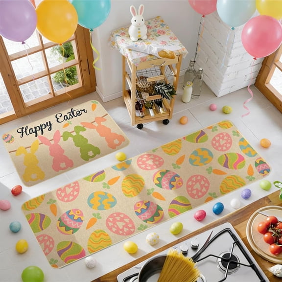 Happy Easter Kitchen Rugs Set of 2, Bunny Rabbits Colorful Eggs Flowers Kitchen Mats for Floor Easter Holiday Party Home Decorations