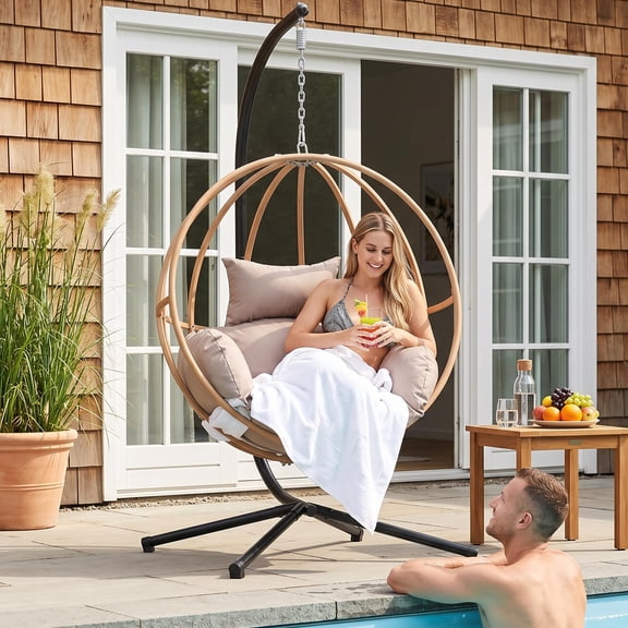 Single Seat Brown Egg Swing Chair With Stand, Outdoor Hanging Chair