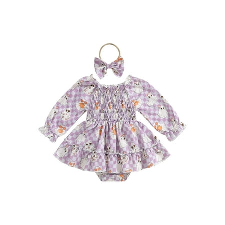 

Suagox Baby Girl 2 Piece Halloween Outfit Checkerboard Shirred Long Sleeve Romper Dress Bow Headband for 0-18 Months Baby