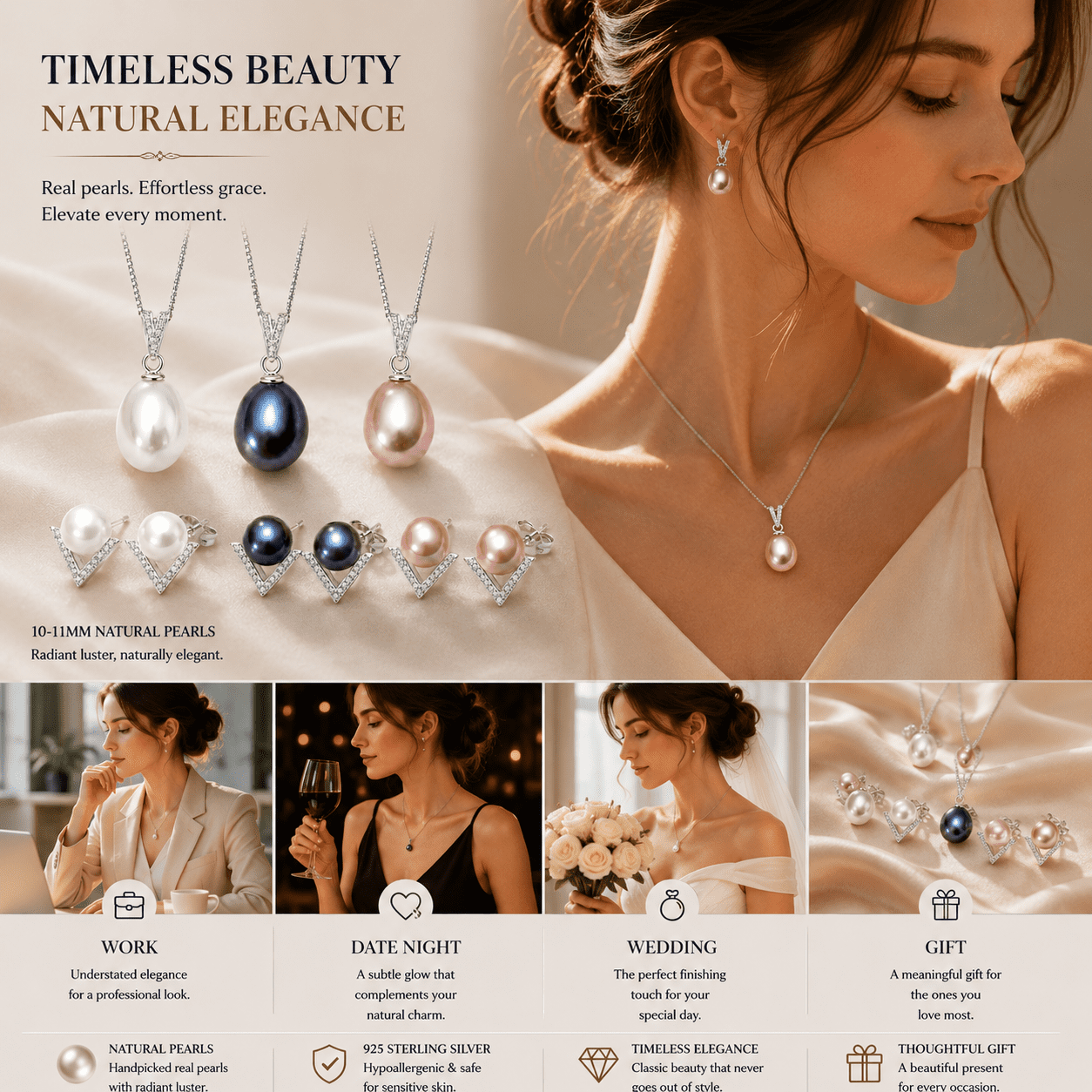 YAMI 10-11 mm Freshwater Cultured Pearl Necklace & Earrings Set, 925 Sterling Silver White Pearl  Valentine's Day Jewelry Gift for Her
