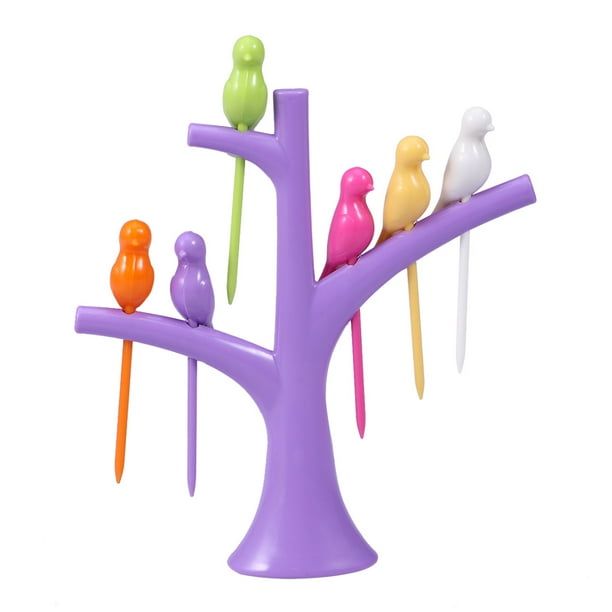 EeaseMX 6 tenedores de fruta de plástico con forma de pájaro y 1 palillo de dientes con forma de árbol para decoración de fiestas (morado)
