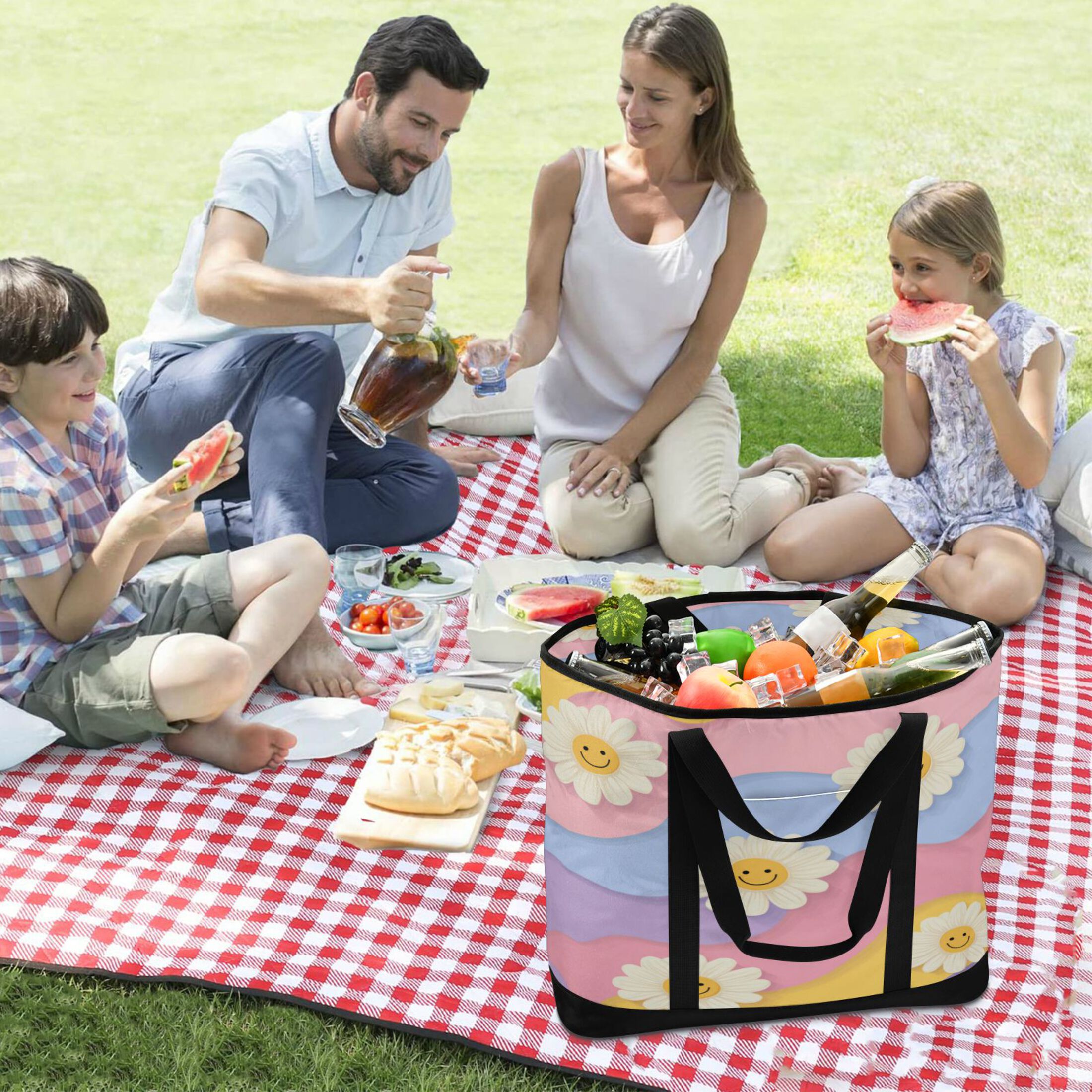 Extra-Large Wide Opening Design Capacity Hand-Held Ice Pack Thickened Insulation Layer For Long-Lasting Cold Retention For Outdoor Shopping Picnics And Camping Cute Adorable Smiling Daisies