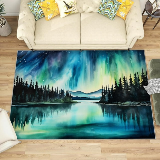 3x5 Rug, Aurora Door Mat Washable Non Slip Soft for Entryway, Northern Lights Rug, Polar Landscape Carpet, Aurora Home Decor & Gifts
