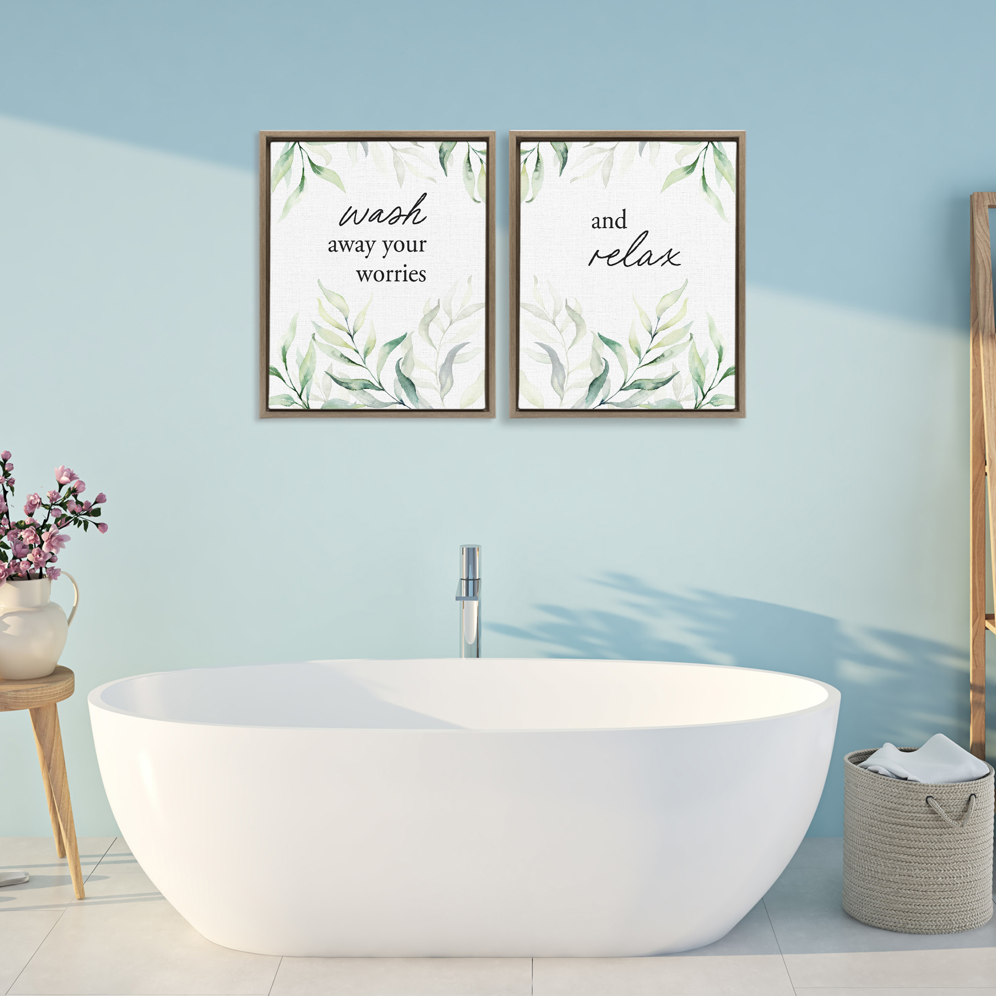 Soothing Bathroom Greenery Words 2 Piece Brown Framed Floater Canvas Set, design by Lettered and Lined