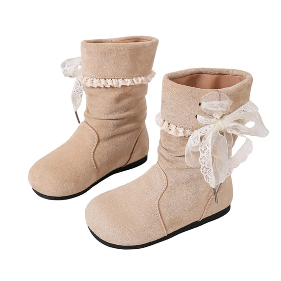 Tbopshirt Kids Girls Suede Mid Calf Boots Double Buckle Strap Slouchy Tall Boots Non Slip Flat Casual Snow Boots for Fall Winter