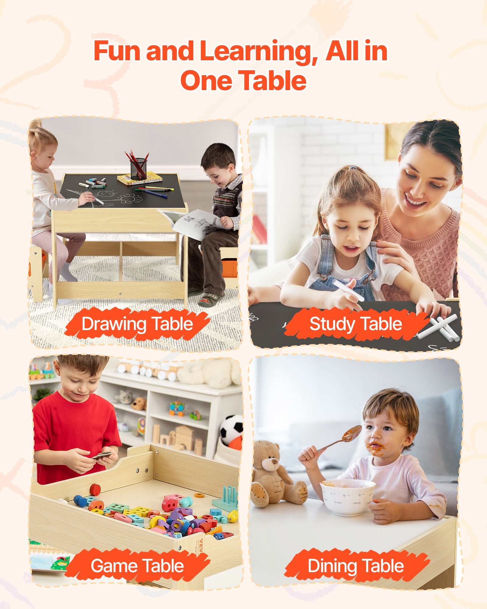 VEVOR Kids Table and 2 Chairs Set, Toddler Table and Chair Set with Storage Space under the Table, Cloth Storage Box under the Chairs, Wooden Desk for Art, Craft, Reading, Learning, Drawing