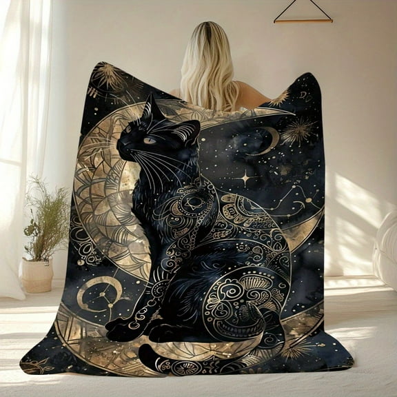 Soft Flannel Black Cat & Moon Throw Blanket Vintage Style Digital Print All-Season Quilted Knit Cozy for Naps Camping Travel Office & Home Decor