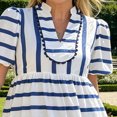 thumbnail image 3 of Morttic Women's Short Sleeve V-Neck Patchwork Stripes Midi Dress Vibrant Casual Cute Spring Summer Vacation Wear Blue，XL, 3 of 6