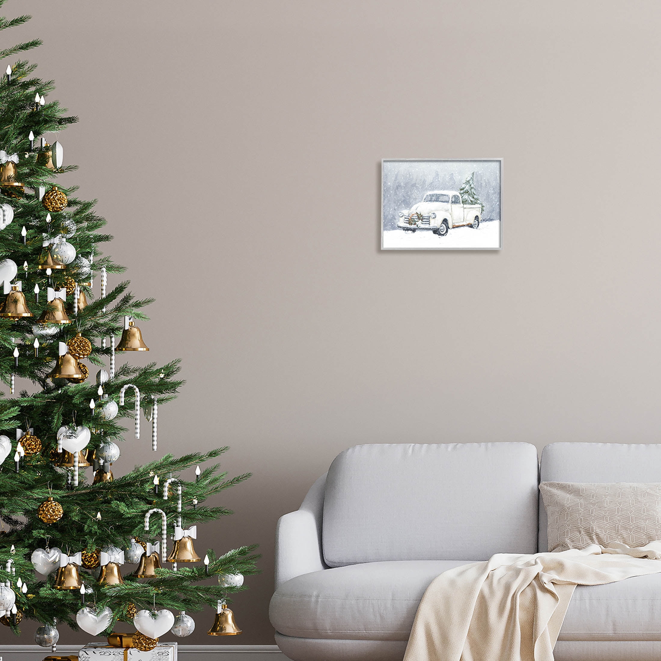 Seasonal Niveous Snow Truck Scene Holiday Painting Gray Framed Art Print Wall Art