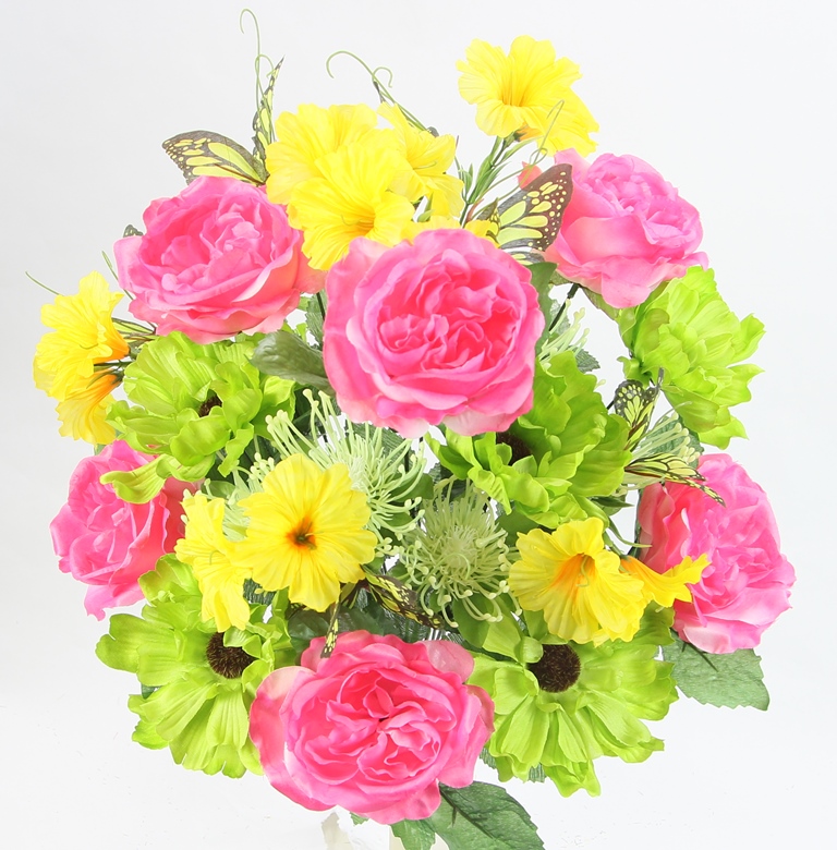 Artificial Spring Flower Bush 24 Stem Open Rose/ Cosmos Daisy Mix Bush