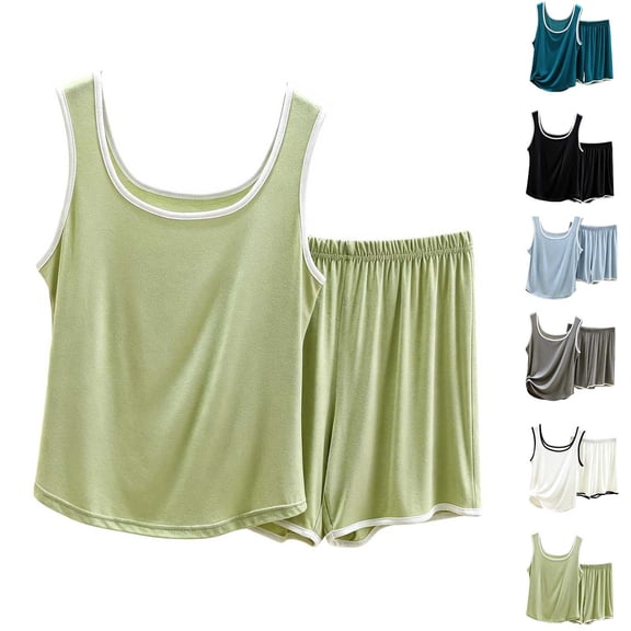 Bixock Pajamas Set for Women 2 Piece Loungewear Set Round Neck Sleeveless Tank Top And Shorts Solid Color Loose Indoor Homewear Sleepwear Women Clothings