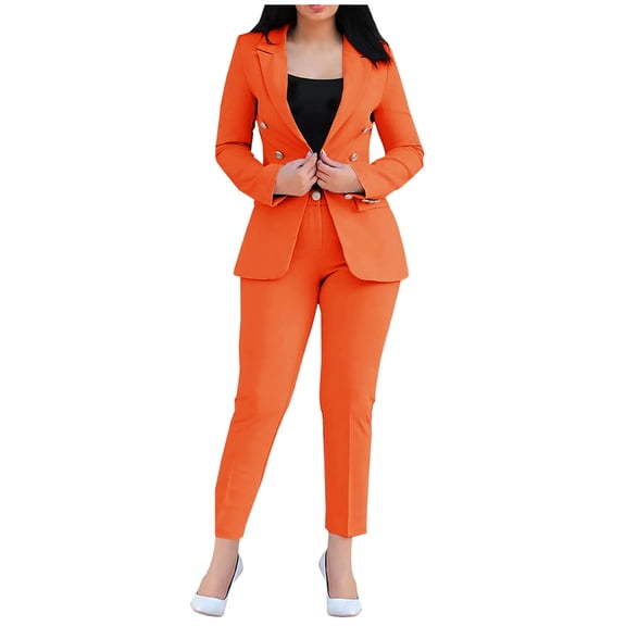 Fmbrln Women's Two Piece Sets Long Sleeve Button Jacket Long Pants Suits Sets Dressy Business Work Casual Outfits Orange M