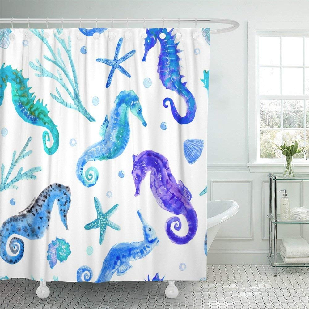 BPBOP Pink Sea Blue Seahorse Shell Starfish Coral and Bubbles Underwater World on White