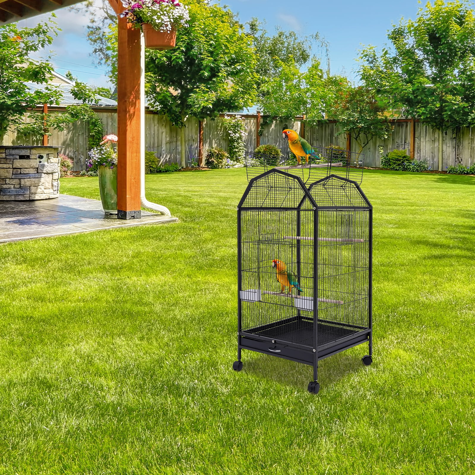 YIYIBYUS Parakeet Bird Cage with Stand Metal Pet Bird Flight Cages Large Finch Bird Cage for Conure Canary Parekette Macaw Finch Cockatoo Budgie Cockatiels Parrot Pet House,Black