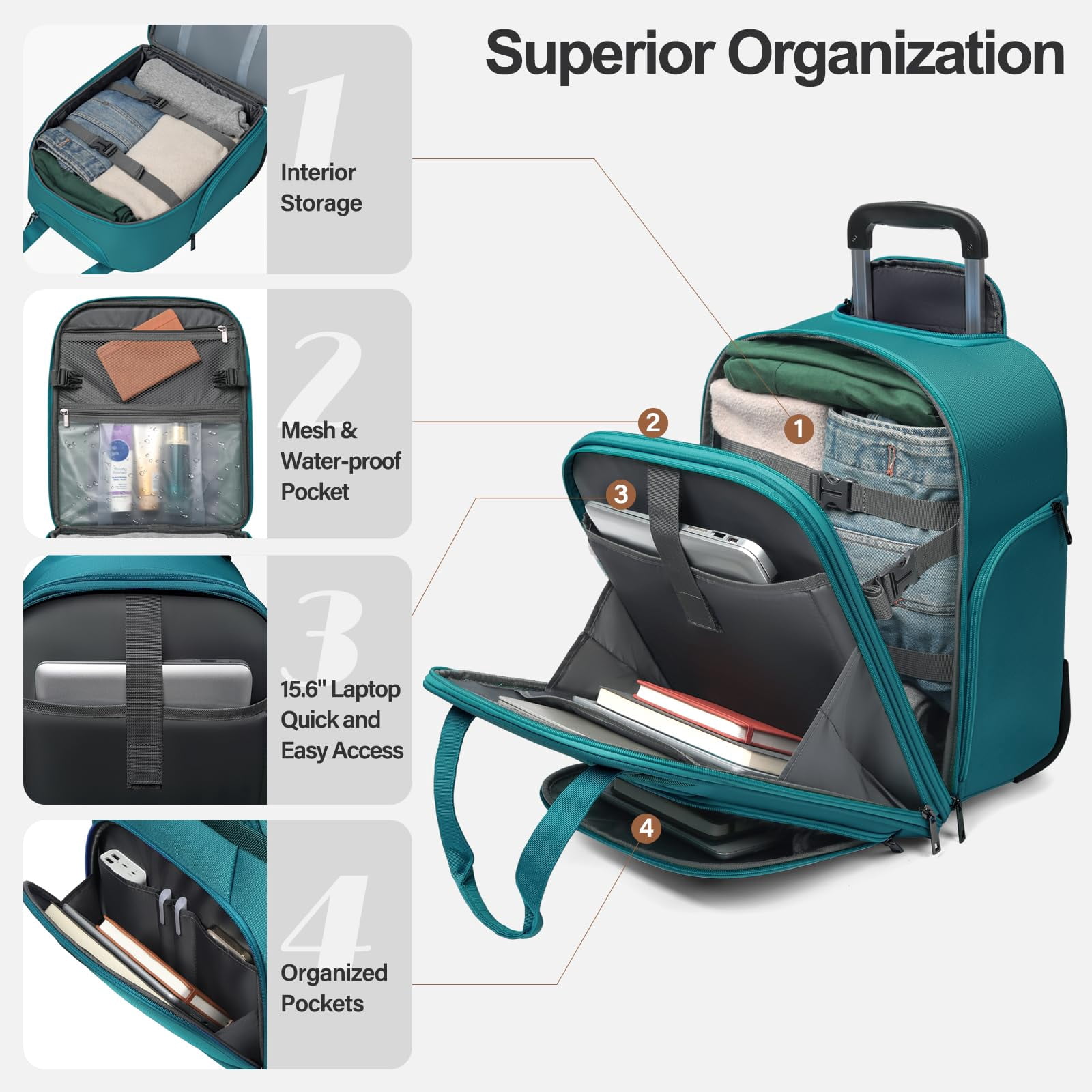 TIAWOLT Personal Item 16-Inch Underseat Carry on Luggage With Wheels Lightweight Wheeled Underseater under seat bags for airplanes Upright 2 Wheel ,Boy and Girl,Teal Green