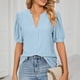 thumbnail image 2 of Camiseta de manga corta con cuello en V para mujer, blusa informal de color puro, color azul claro XL, 2 of 5