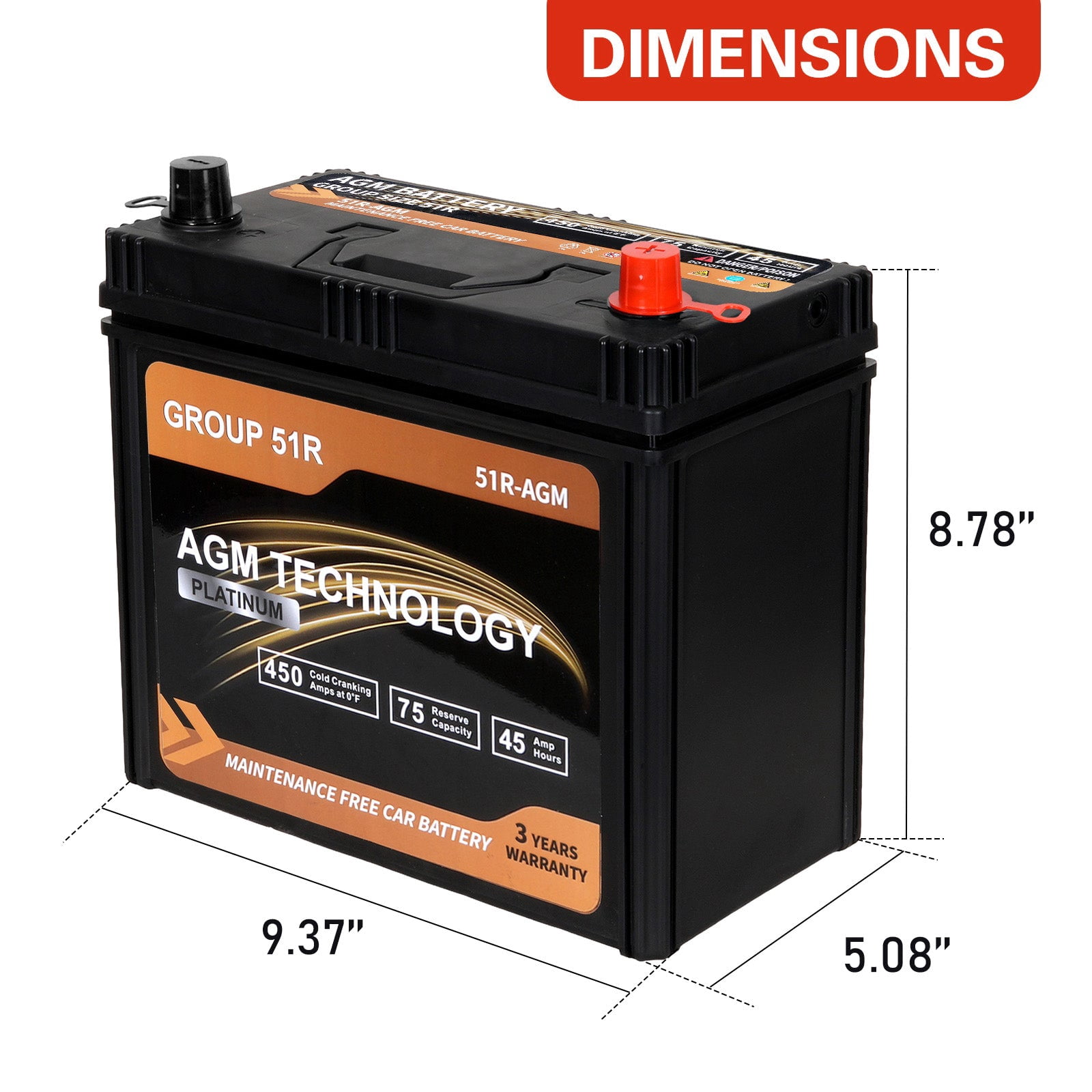 1AUTODEPOT Car AGM Battery Group Size 51R 12V 45Ah 450CCA 75RC Platinum Start Stop Automotive SLA Batteries Maintenance Free Rechargeable