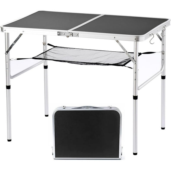 Folding Camping Table, 36''L x24''W Camp Aluminum Table with Adjustable Height Legs, Indoor Outdoor Lightweight Portable Folding Dining Table for Camp Picnic Beach 3Ft black 2 Heights 15"/28"）
